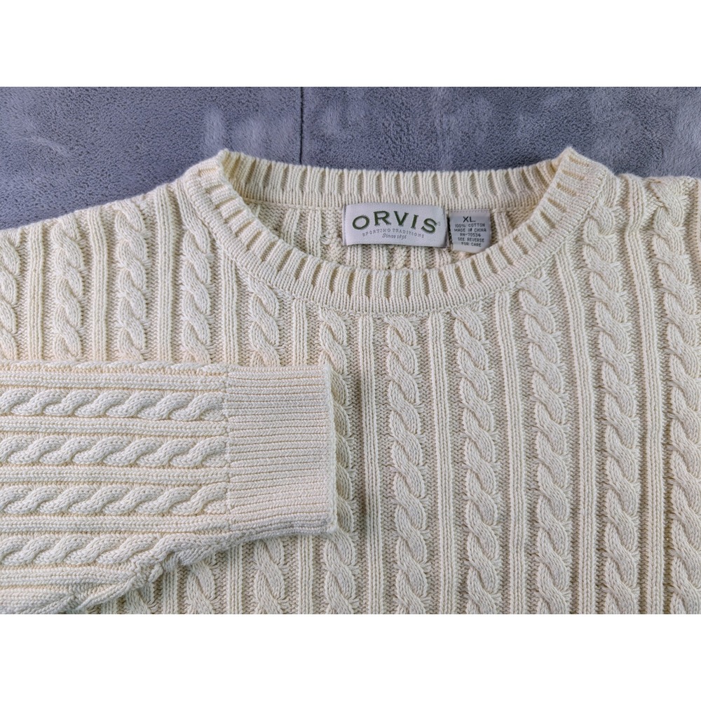 Orvis Mens XL Cream Fisherman Cable Knit Cotton Crewneck Sweater